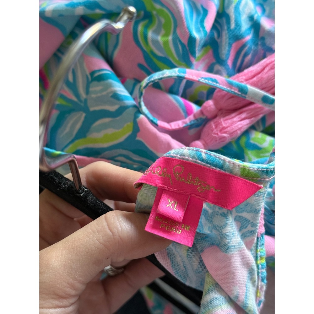 Lilly Pulitzer Pink Blue Pineapple Print Halter Tassel Dress XL Tropical Resort - Picture 4 of 4